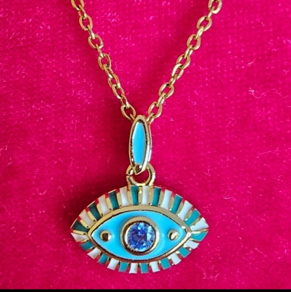 GOLD STAINLESS STEEL BLUE DIAMOND CZ ENAMEL EVIL EYE PROTECTION NECKLACE☆NEW